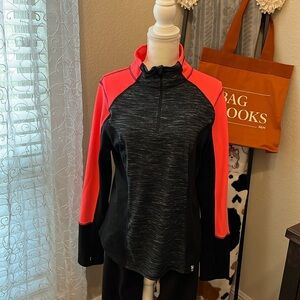 Very lightweight fleece 1/4 pullover. Coral sleeves and black sides.